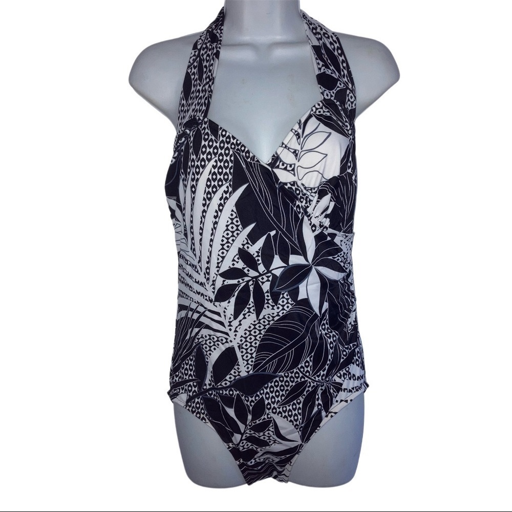 NWOT Catalina Black White One Piece Halter Swimsuit M 8 10